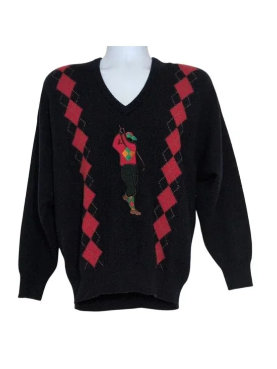 Jaeger Embroidered Golfer Sweater Mens Size Large Blue Argyle Lambswool Scottish