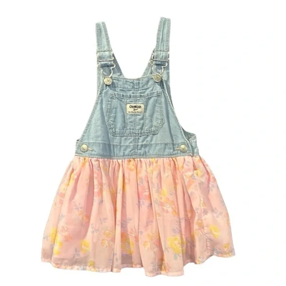 Oshkosh, toddler, girl pink and blue denim overall dress chiffon skirt floral 3T