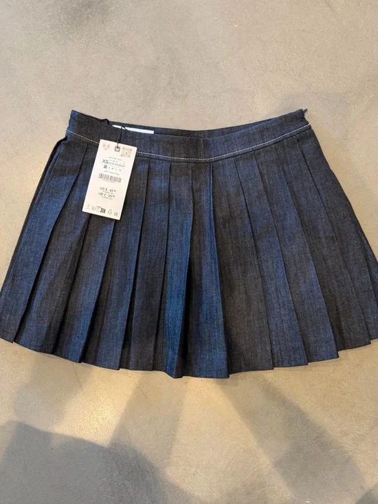 Zara Pleated Denim Mini Skirt - Dark Blue