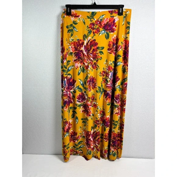 Cato C 1946 Women's Yellow Floral Print Jersey Knit Maxi Skirt Plus Size 14/16W