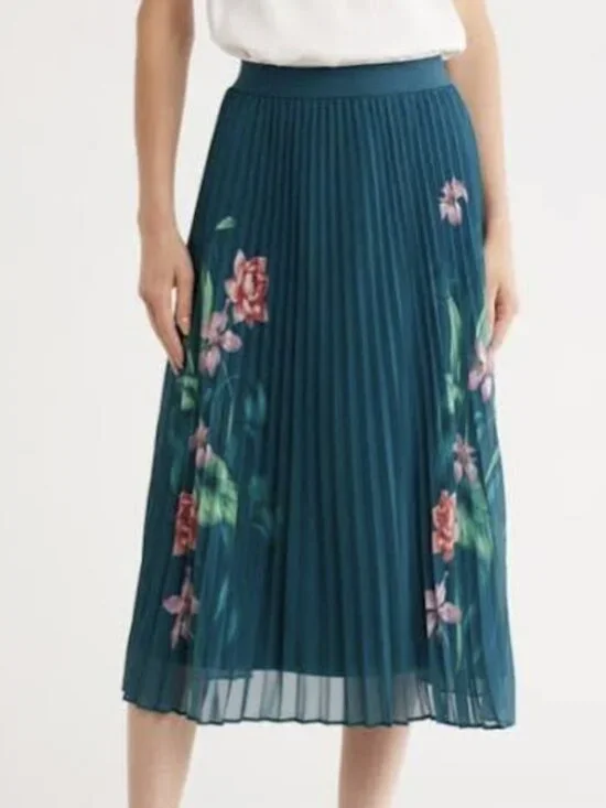Daniel Rainn Teal Floral Pleated Midi Skirt Women's Size Large NWT