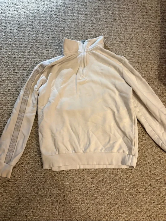 Calvin Klein Men's Cream Half-Zip Pullover with Branded Sleeve Tape