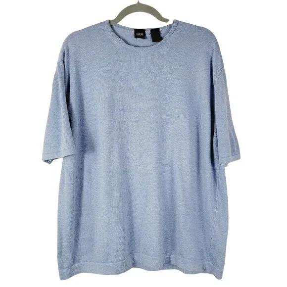 Vintage Hugo Boss Sz Large Knit Sweater Short Sleeve Light Blue Preppy Casual