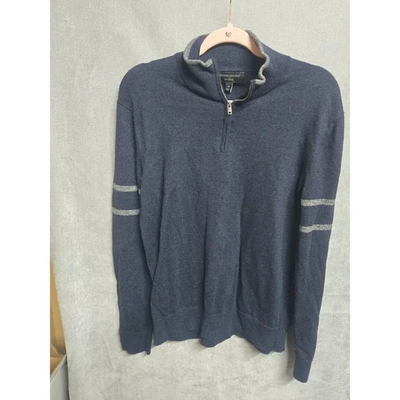 Banana Republic Mens Eco Sweater Navy Blue Quarter Zip Pullover Medium Stripe