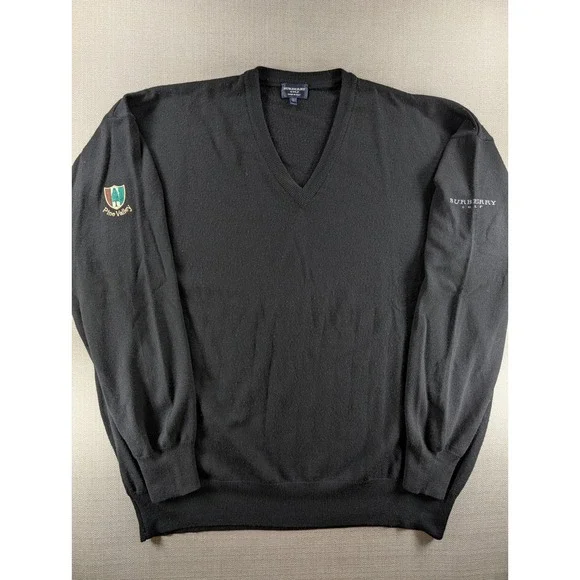 Burberry Golf Pine Valley Men Large Black Extra Fine Merino Wool V-Neck Sweater