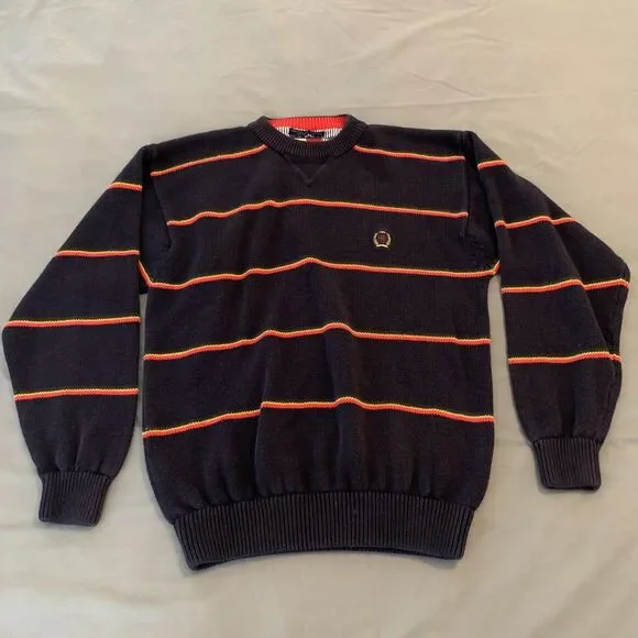 Tommy Hilfiger Sweater Mens Medium Navy Striped V Neck‎ Cotton Pullover Crest
