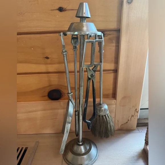 Vintage Silver mcm mini Fireplace Tool Set with Brush