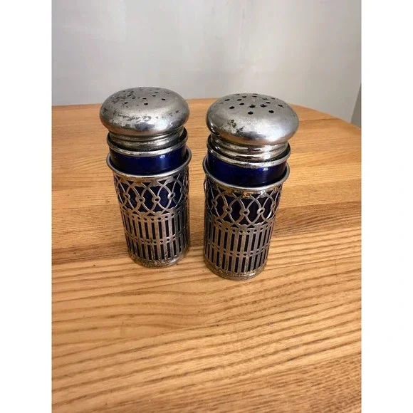 Vintage Cobalt Blue Salt & Pepper Shakers, Silver Plate Filigree Leonard,  Japan