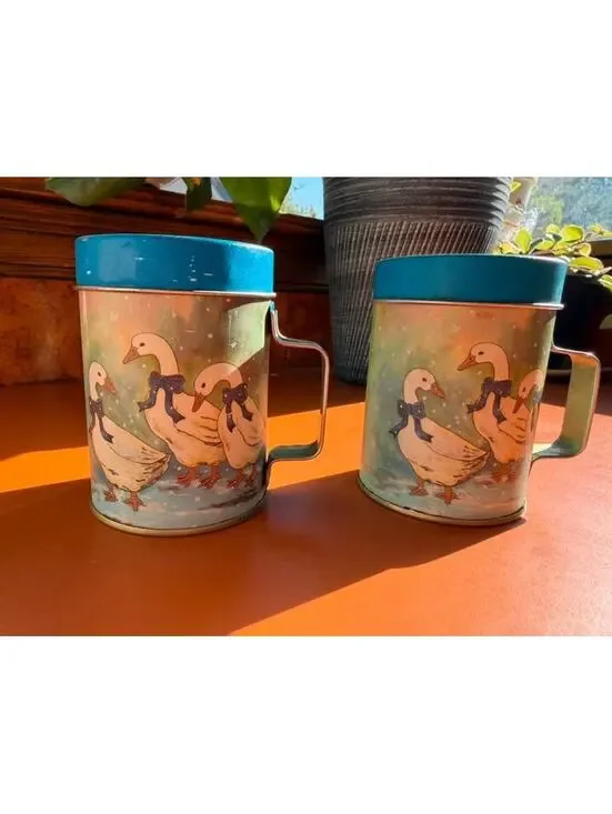 Vintage Goose Duck Flour Sugar Shaker Set Metal Kitchen Canisters Blue Farmhouse
