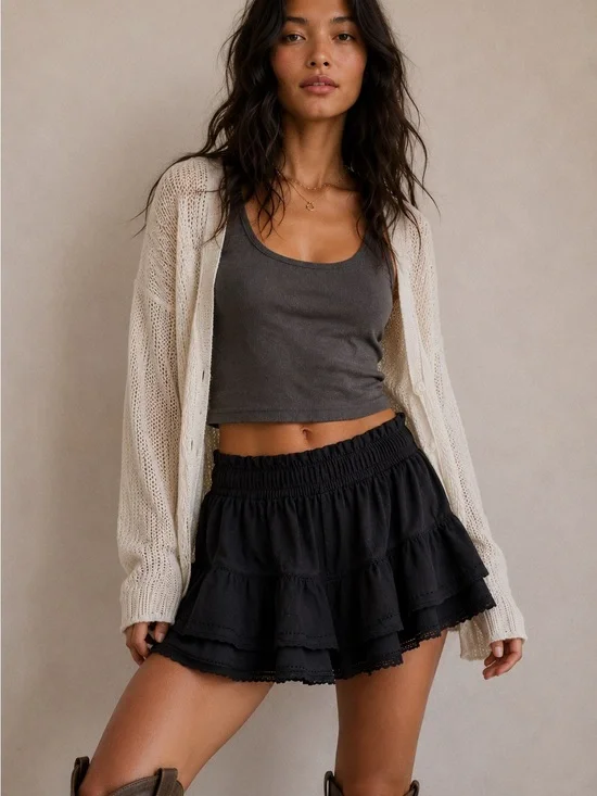 NWT Aerie Black Tiered Ruffle Skort Boho Cotton Mini Shorts Skirt Size Small
