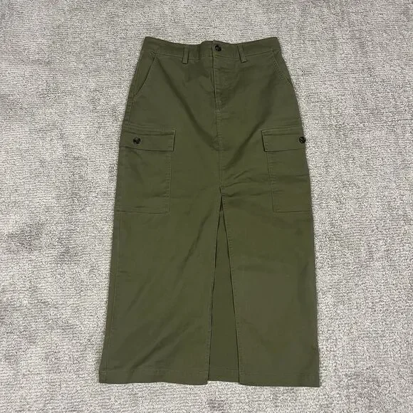 Jason Wu Skirt Womens XS Green Cotton Front Slit Maxi Cargo Pockets Classic