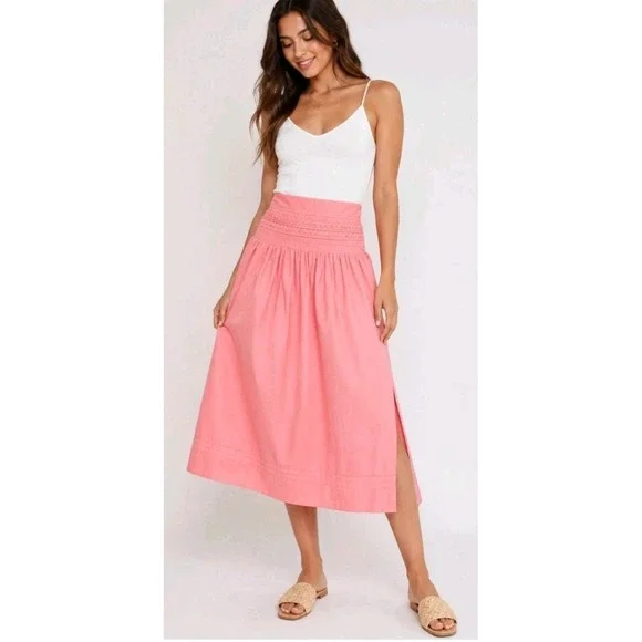 A New Day Pink Cotton Midi Skirt Womens M Boho Bric-Brac Pintuck Casual NEW‎