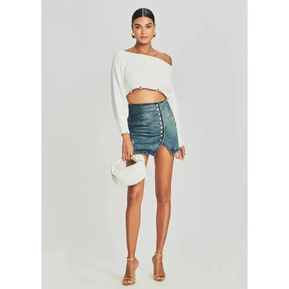 retrofete Willa Denim Mini Blue Jean Skirt Pearl Buttons, Size S, NWT! $350