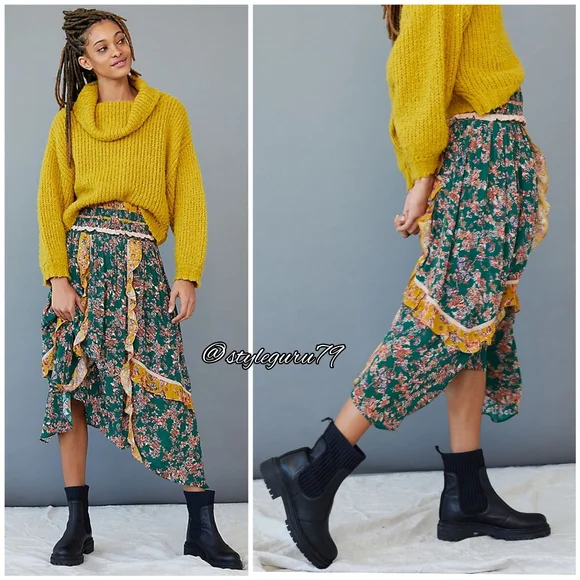NWT, Anthropologie, Jenna Ruffled Floral Print Maxi Skirt