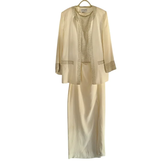 Jovani 100% Silk Beaded 3-Piece Evening Skirt Suit Light Cream Size 8