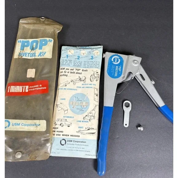 Vintage USM POP Rivet Tool Kit PRG412 W/ Pouch Manual Accessories USA Made