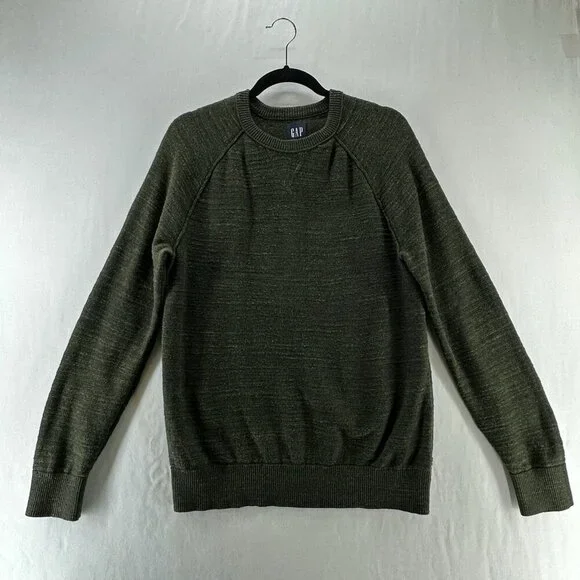 GAP Pullover Sweater Men M Crew Neck Cotton Knit Long Sleeve Heather Olive Green