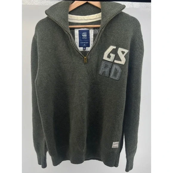 Y2K G Star Raw Men's Green Lambs Wool Blend Quarter Zip Sweater Size‎ XL