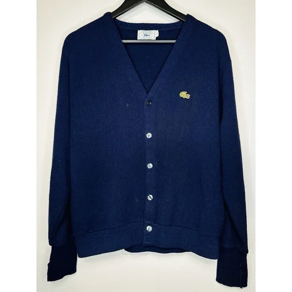 Vintage Lacoste Izod Cardigan Sweater Mens M Navy Blue Button Front Croc
