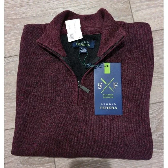 STUDIO FERERA MEN'S 1/4 ZIP BURGUNDY LONG SLEEVE PULLOVER SWEATERS SZ XXL  NWT