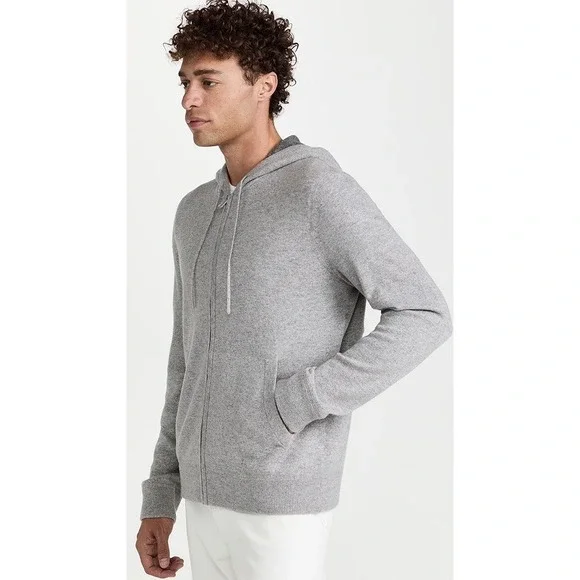 Vince Men's 100% Cashmere Full Zip Hoodie Heather Grey Sweater Classic Preppy S