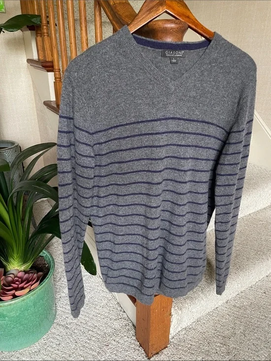 Giasone 100% 2Ply Cashmere Men's Grey V-Neck Striped Sweater