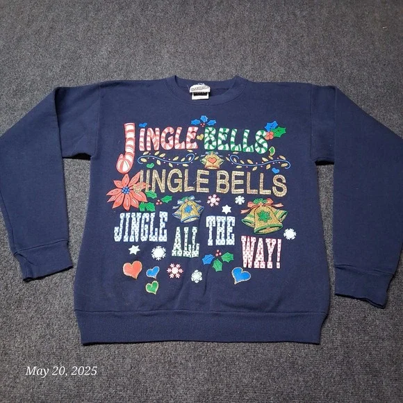 VTG Jingle Bells Christmas Sweatshirt Size Large Blue MBC‎ Tultex
