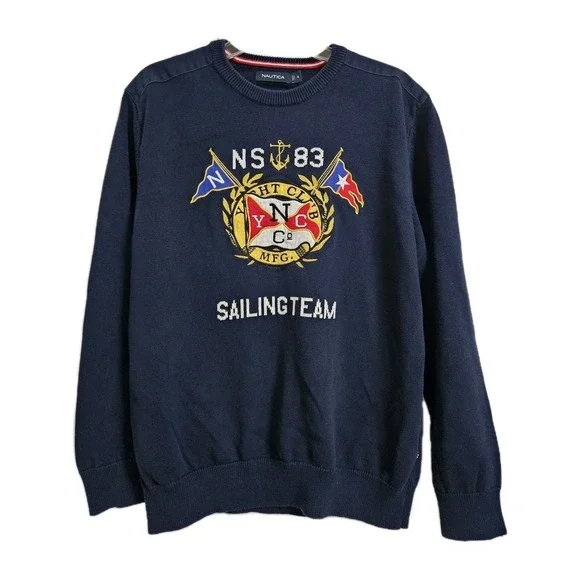 Nautica Sweater Mens XL Navy Sailing Team Yacht‎ Club Graphic Cotton Crewneck