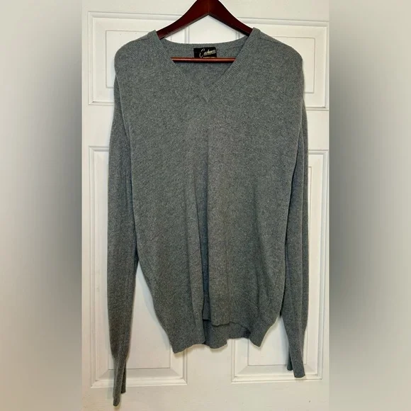 Mens Vintage Fully Fashioned Cashmere V Neck Sweater L Charcoal‎ Gray Super Soft