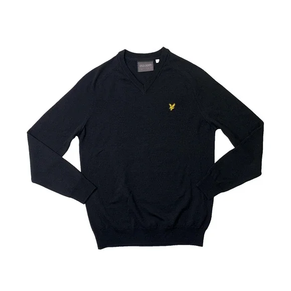 Lyle & Scott Sweater Mens S Small Black Merino Wool Knit V Neck Pullover Crew