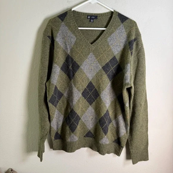 J.Crew Mens Lambswool Argyle V-Neck Sweater‎ Olive Green Grey Large L