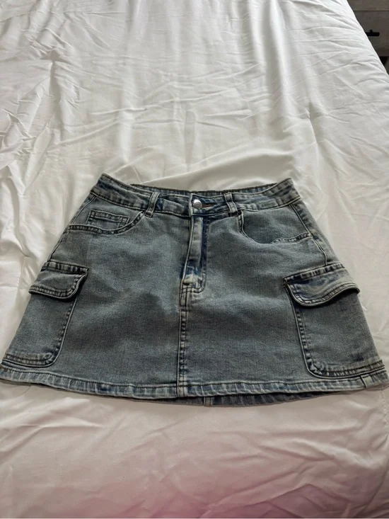 SHEIN Washed Blue Denim Cargo Mini Skirt