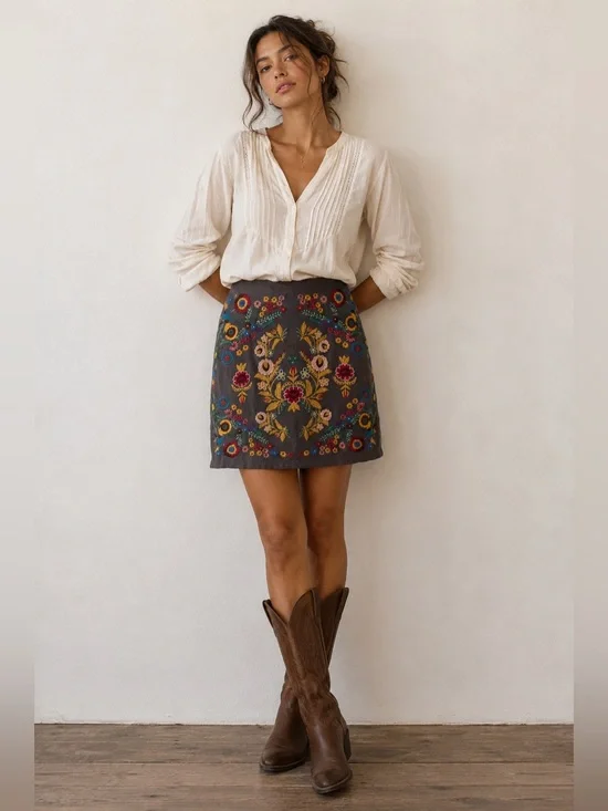 Umgee USA Boho Embroidered Mini Skirt Floral Gray Cotton Linen Medium