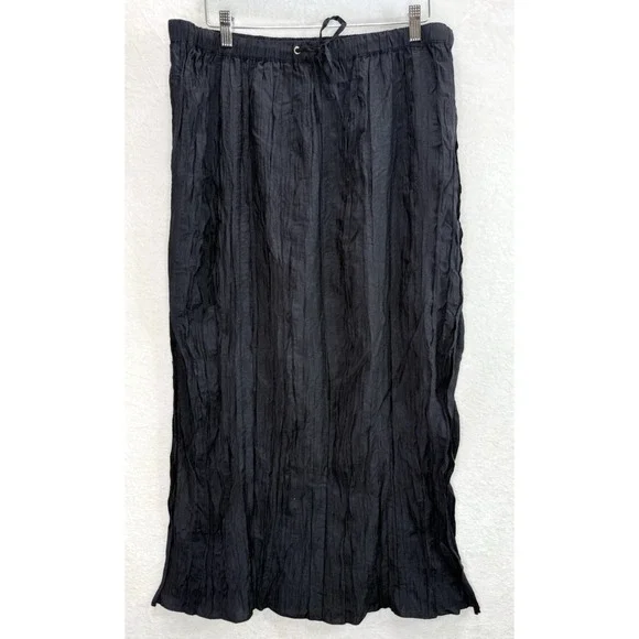 J Crew Women Midi Skirt Size XL Black Crinkled Drawstring Elastic Lined Vent NWT