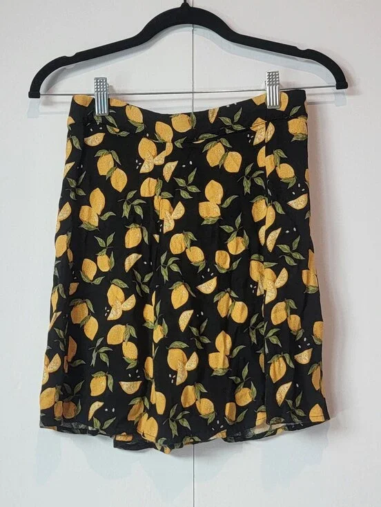 Philosophy Lemon Print A-Line Mini Summer Skirt Women's Size 4 Black Yellow