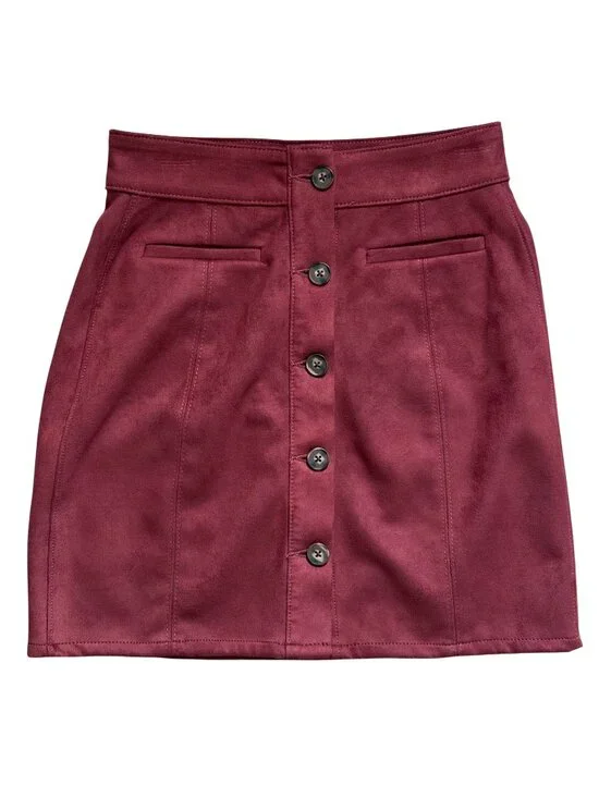 Maurices Faux Suede Mini Skirt Burgundy Red Button Front Chic Academia Size 2