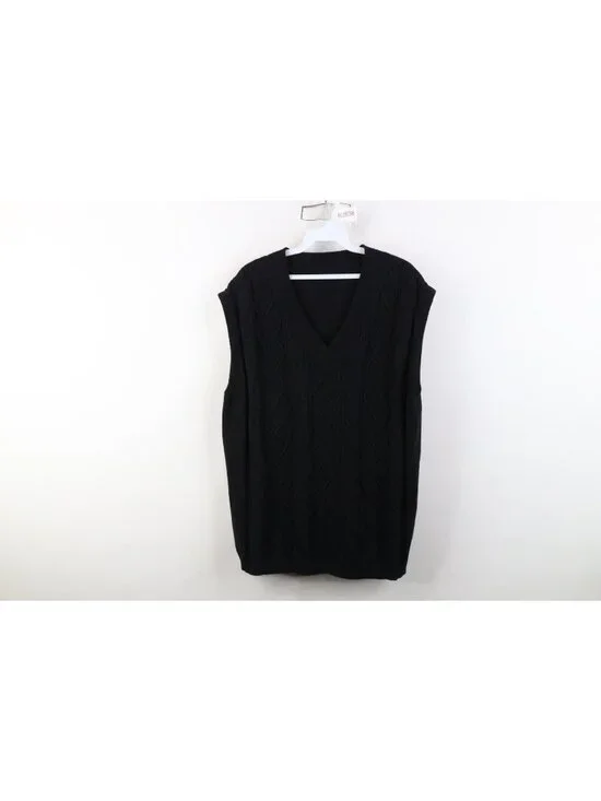 Vintage Y2K Streetwear Mens XL Chunky Cable Knit Fisherman Sweater Vest Black