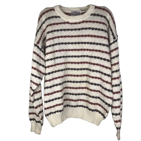 Gulf Traders Sweater Crew Geometric Stripe White Red Blue Tan Knit Mens Large
