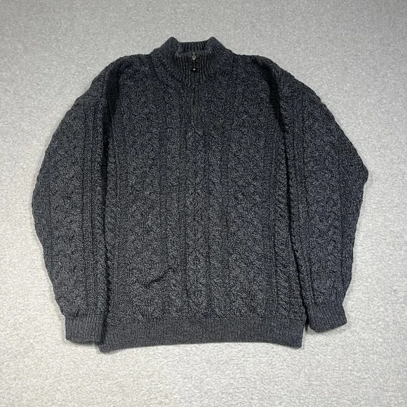 Kilronan Sweater Mens Medium Gray Cable Knit Fisherman 1/4 Zip 100% Merino Wool