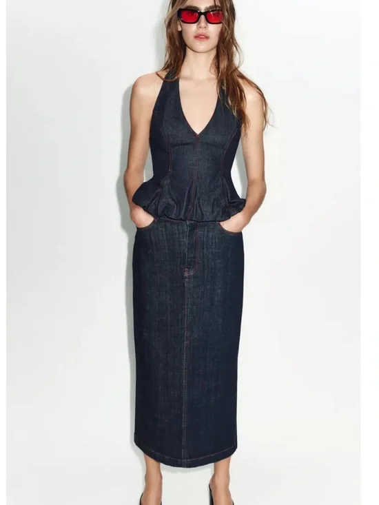 Zara Denim Balloon Halter Top and midi Skirt Set