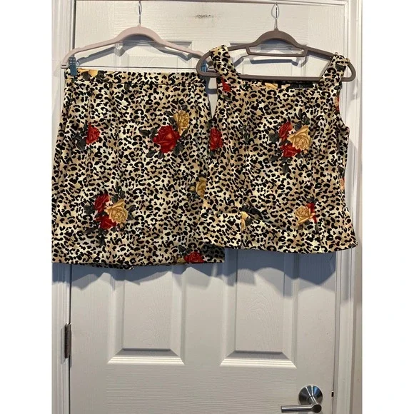 John Roberts Leopard Rose Print Skirt Set 2 Piece Sleeveless Peplum Top Size 10