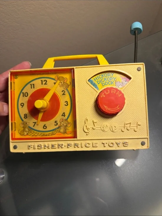 Vintage 1960-1970 Fisher-Price Yellow Musical Clock Toy with Red Dial