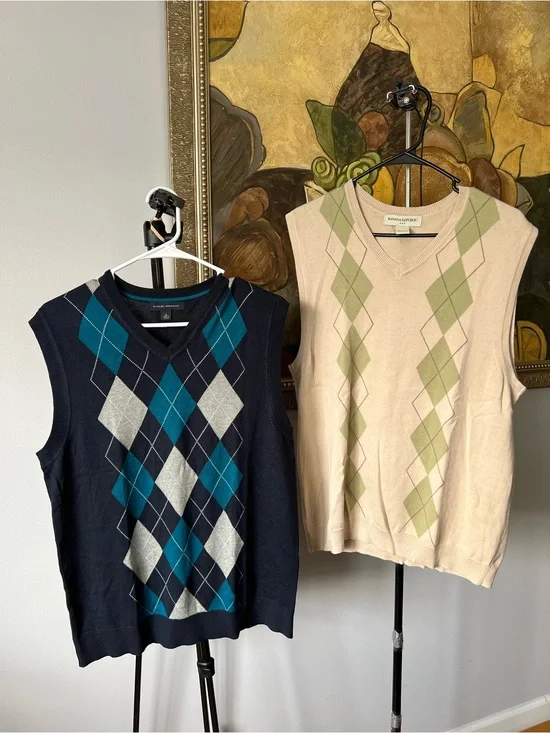 Lot of 2 Banana Republic Men Argyle Sweater Vest V-Neck 100% Cotton Medium