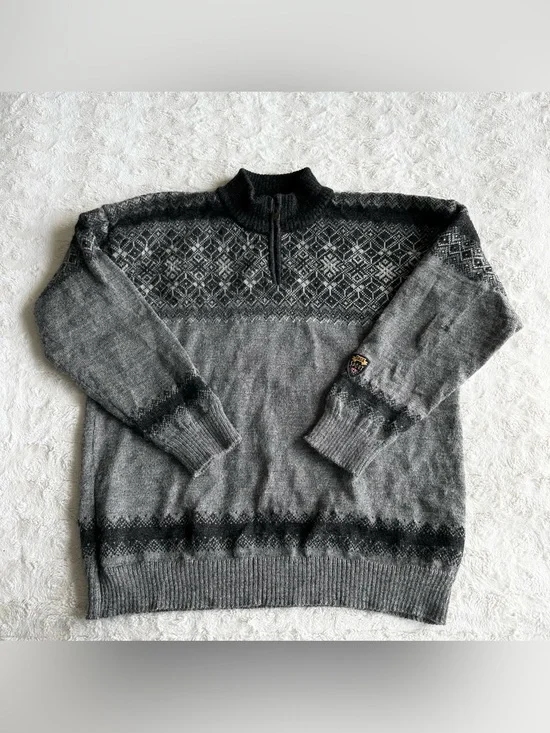 Vintage Dale of Norway Sweater Mens XL Gray Wool Fair Isle 1/4 Zip Ski Nordic