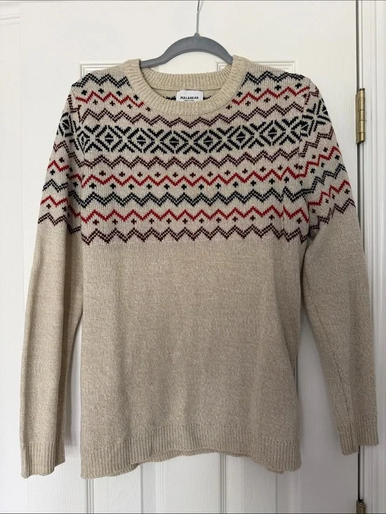 Pull&Bear Beige Crewneck Sweater with Fair Isle Pattern