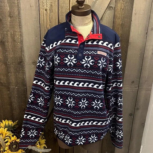Vineyard Vines Fleece Quarter Snap Pullover Fair Isle Pattern Size M