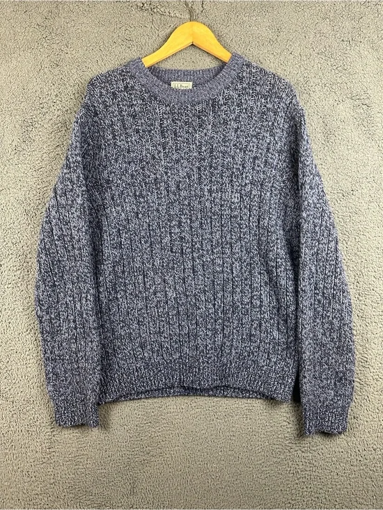 LL Bean Mens Large Lambswool Crewneck Sweater Blue Marled Knit Pullover 500586