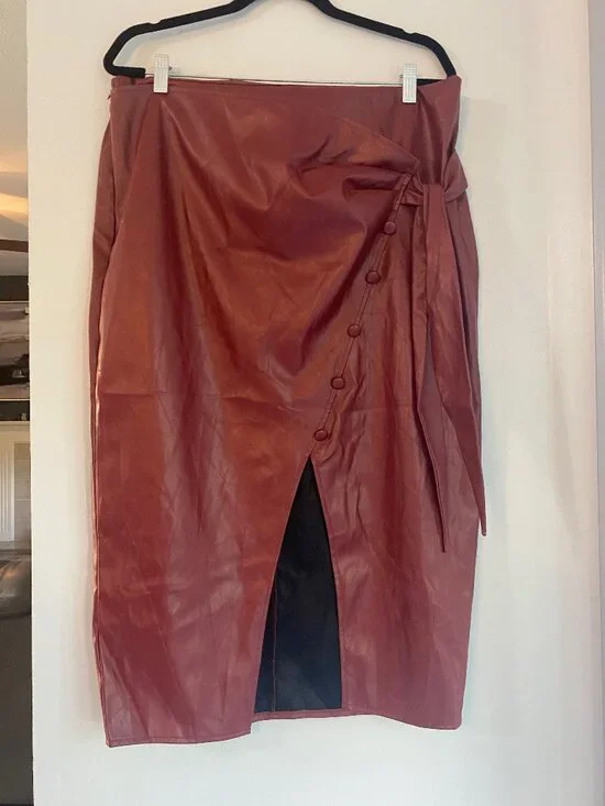 Faux Leather Wrap Midi Skirt