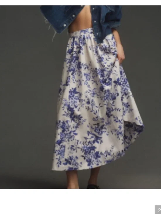 Anthropologie The Jacie Poplin Printed Midi Skirt BLUE MOTIF Sz S