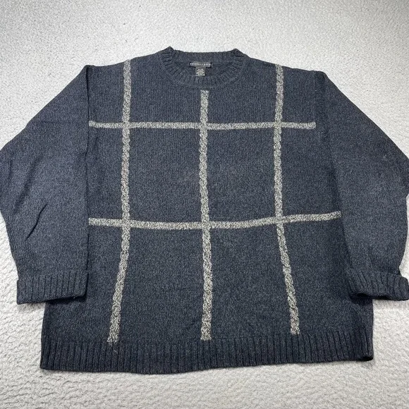 Geoffrey Beene Sweater Mens‎ XL Blue Windowpane Check Cotton Crewneck Pullover
